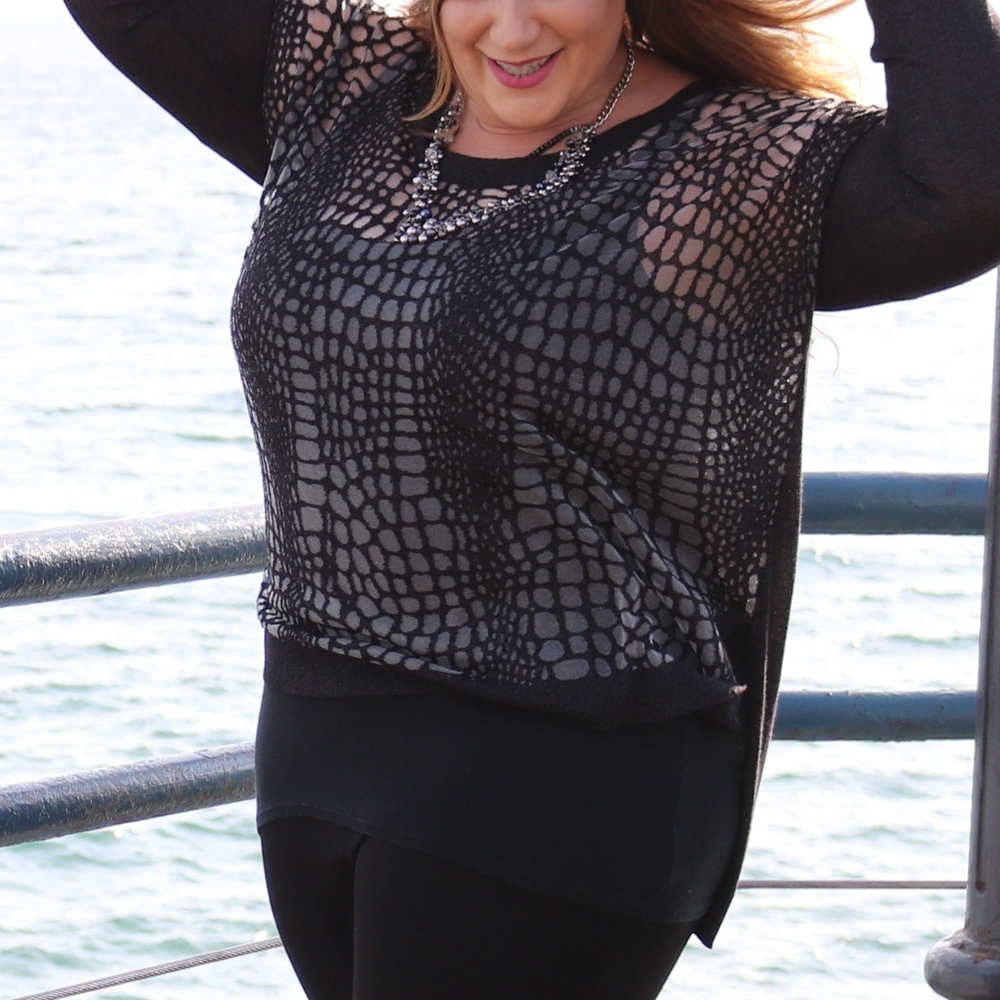 Worthington high low sheer silver black sweater xl